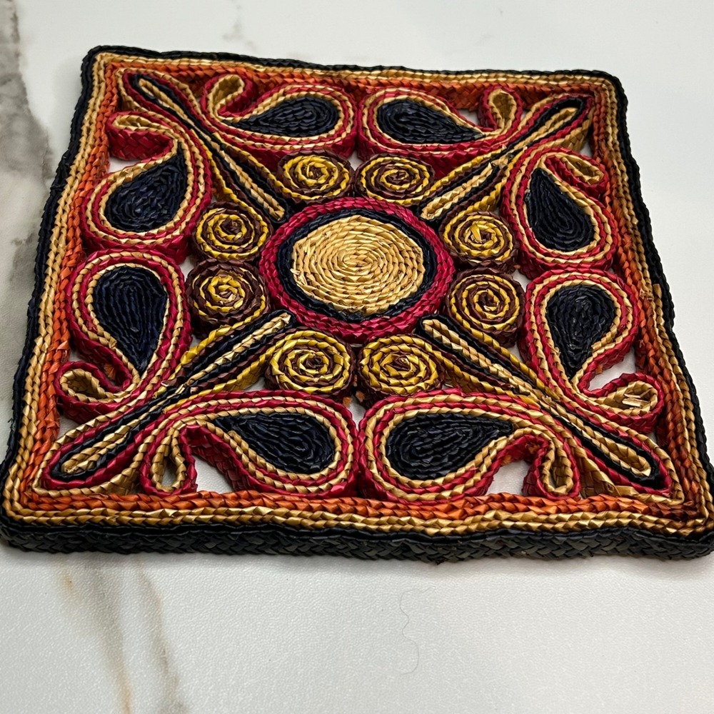 Woven Straw Trivet Square Paisley Boho Red Orange Yellow Black 7x7